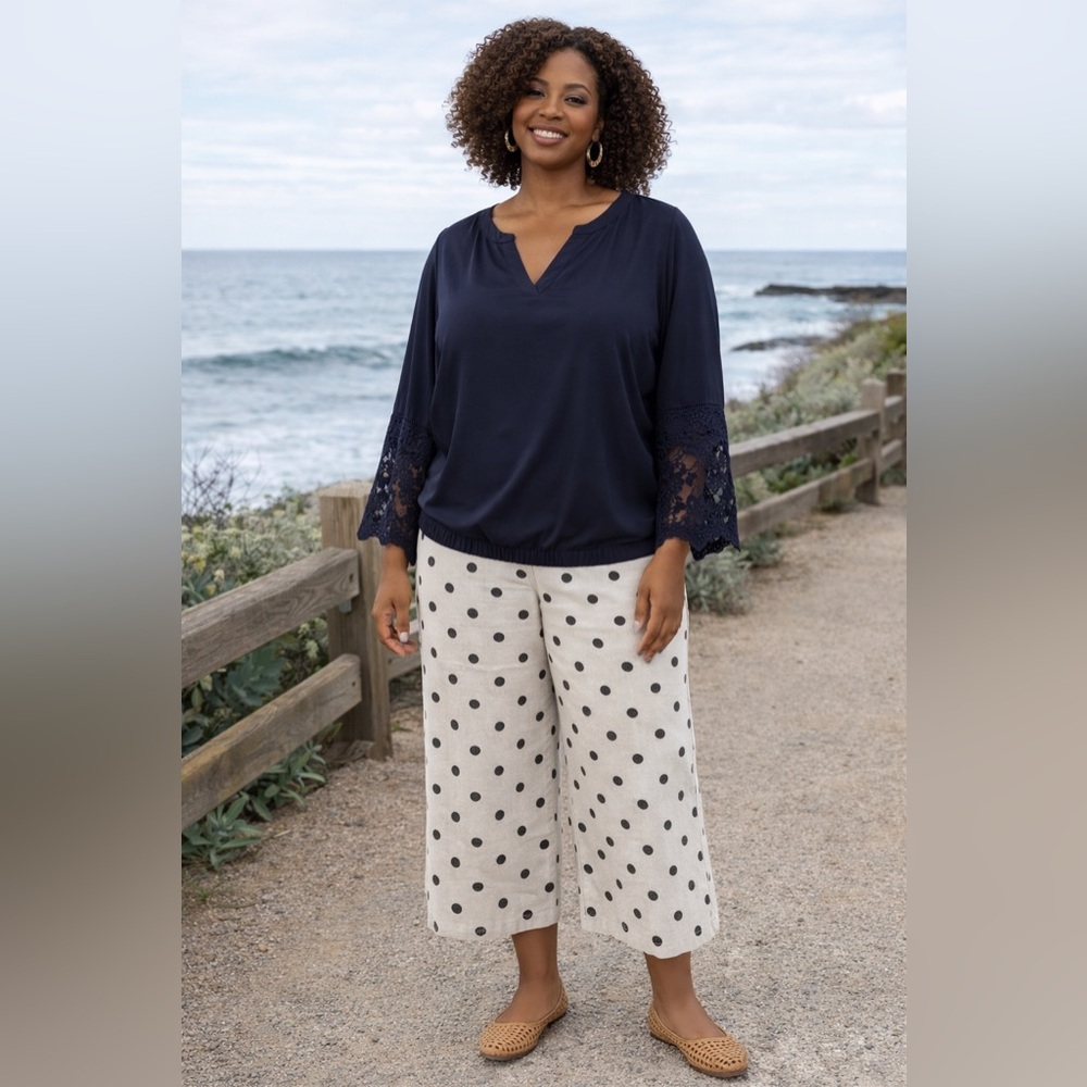 SOHO New York & Company Navy Lace Sleeve Blouse in navy blue
